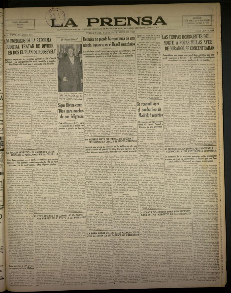 Miniatura de La Prensa: único diario español e hispano americano en Nueva York del 26 de abril de 1937, nº 6321