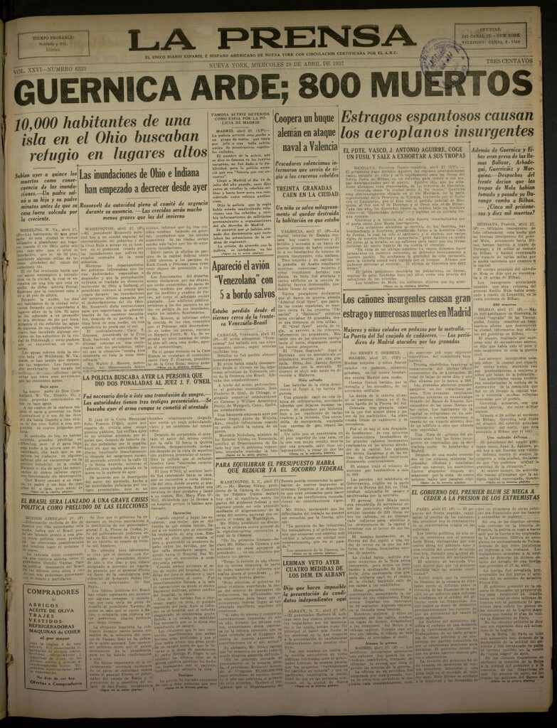 Miniatura de La Prensa: único diario español e hispano americano en Nueva York del 28 de abril de 1937, nº 6323