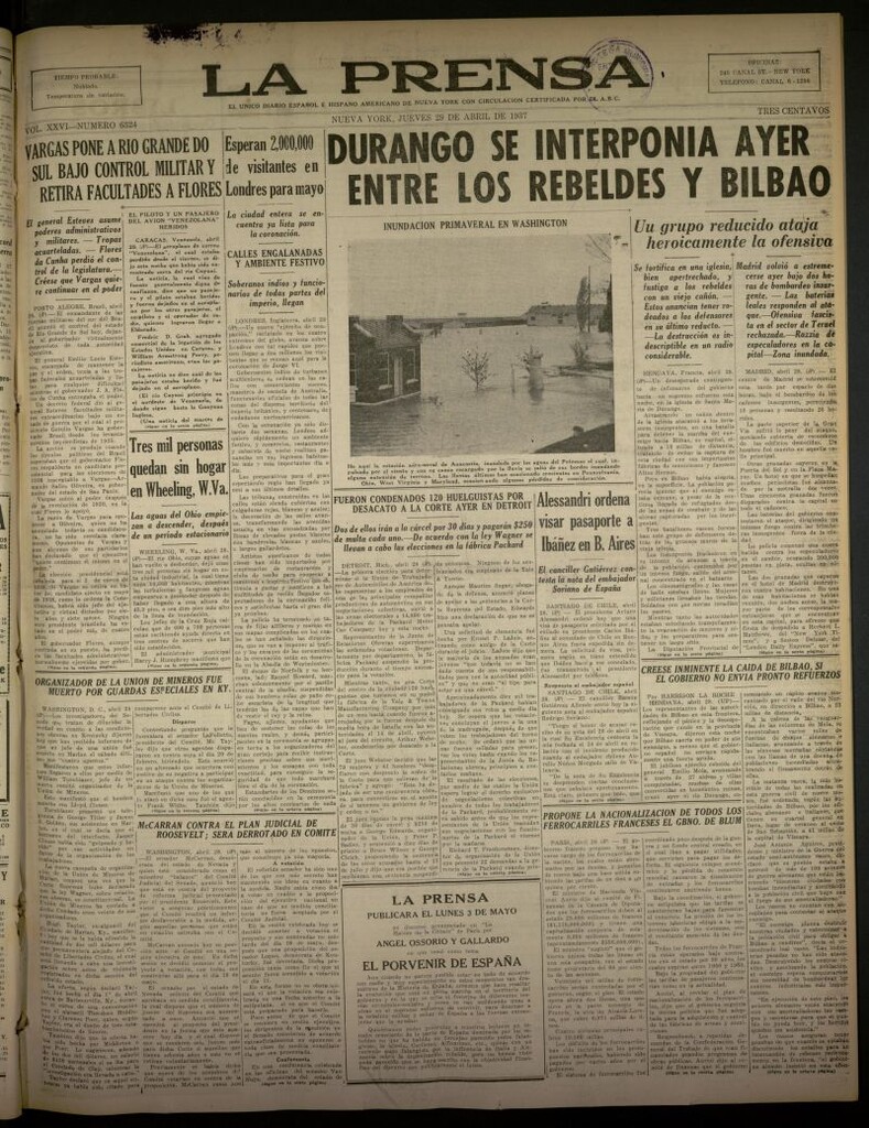 Miniatura de La Prensa: único diario español e hispano americano en Nueva York del 29 de abril de 1937, nº 6324