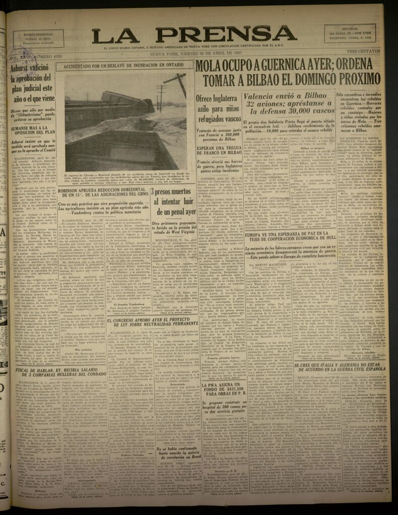 Miniatura de La Prensa: único diario español e hispano americano en Nueva York del 30 de abril de 1937, nº 6325