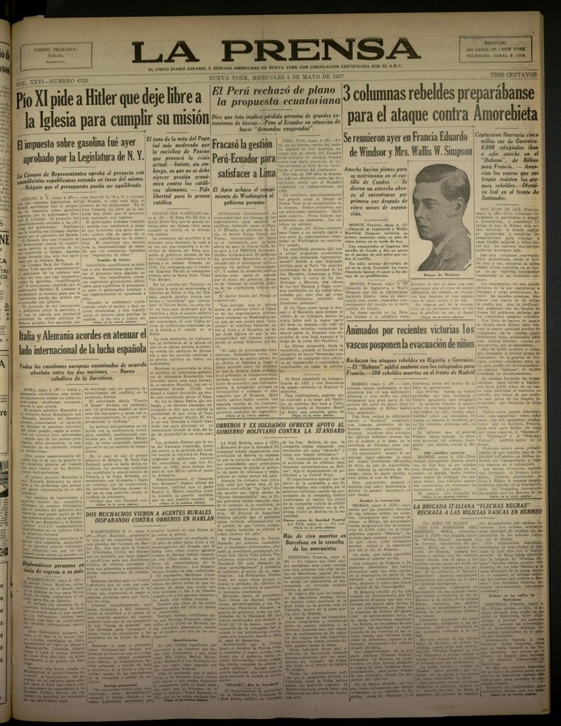 Miniatura de La Prensa: único diario español e hispano americano en Nueva York del 5 de mayo de 1937, nº 6329