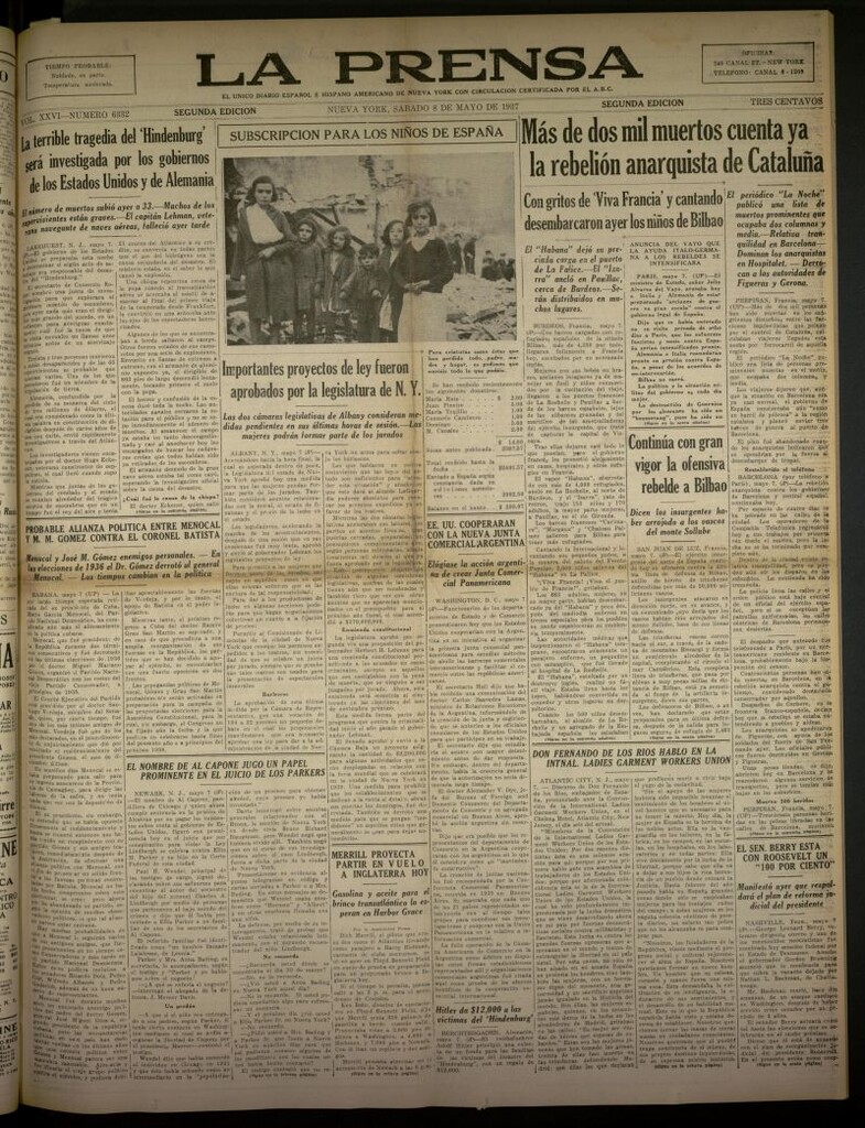 Miniatura de La Prensa: único diario español e hispano americano en Nueva York del 8 de mayo de 1937, nº 6332