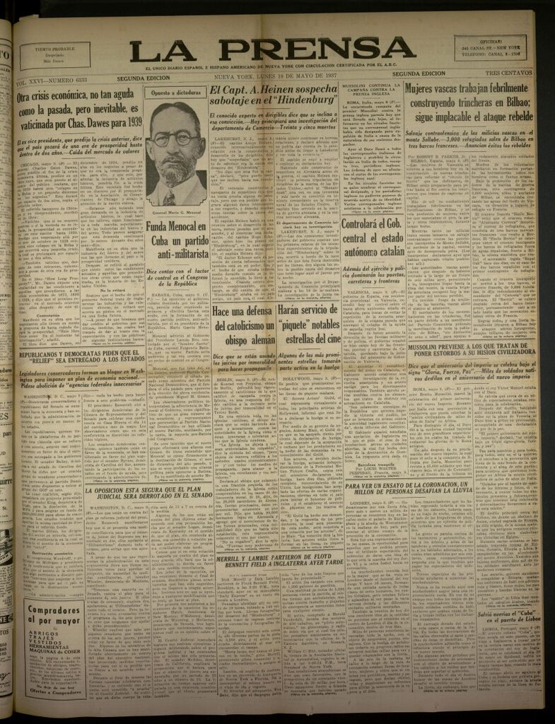 Miniatura de La Prensa: único diario español e hispano americano en Nueva York del 10 de mayo de 1937, nº 6333