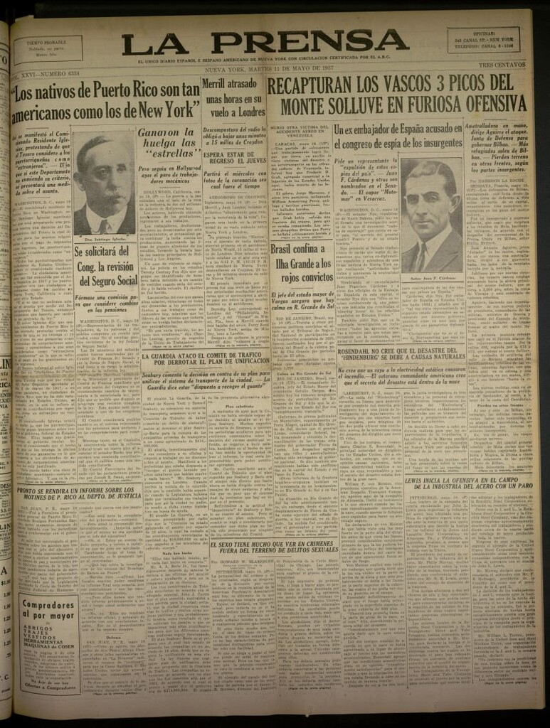 Miniatura de La Prensa: único diario español e hispano americano en Nueva York del 11 de mayo de 1937, nº 6334