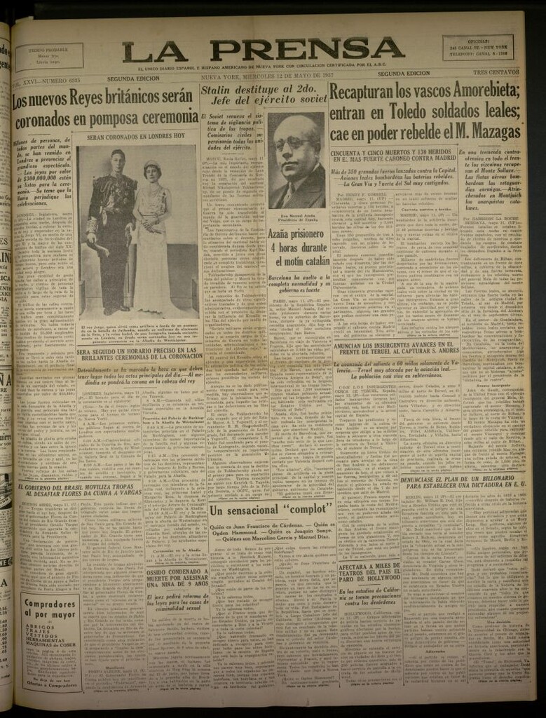 Miniatura de La Prensa: único diario español e hispano americano en Nueva York del 12 de mayo de 1937, nº 6335