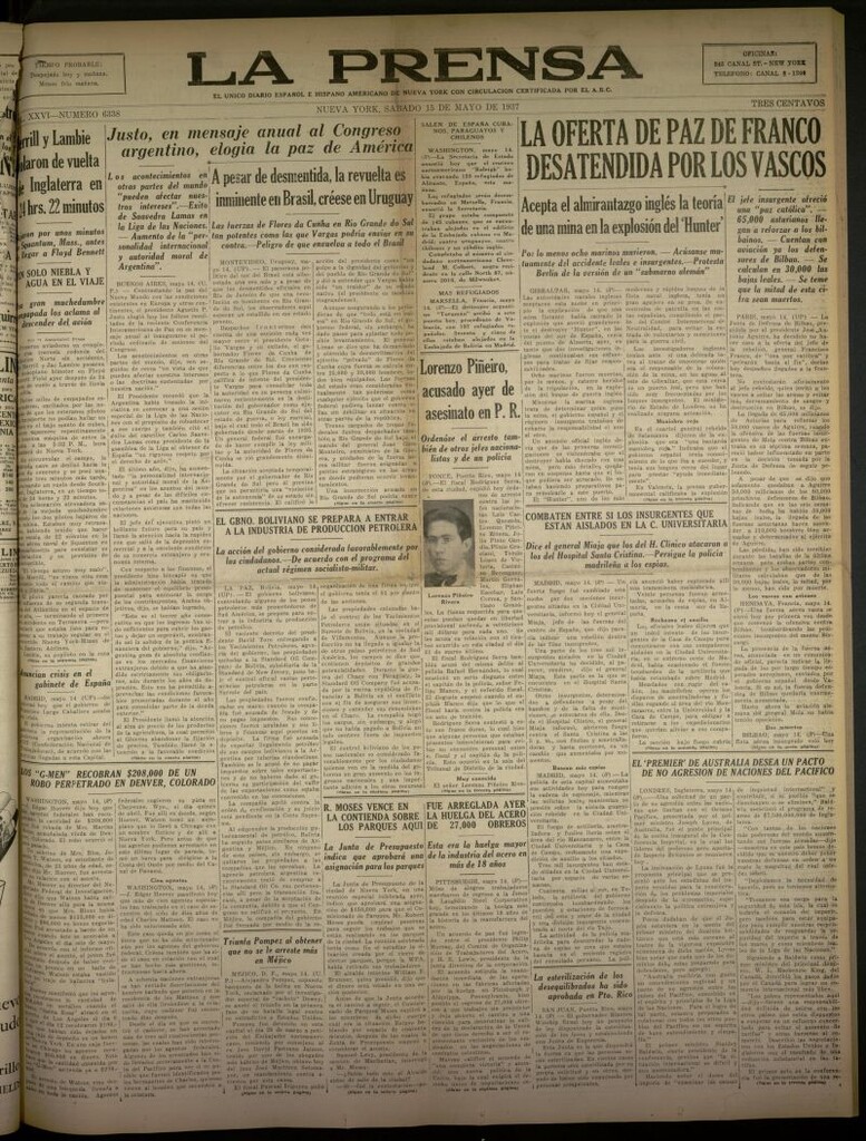 Miniatura de La Prensa: único diario español e hispano americano en Nueva York del 15 de mayo de 1937, nº 6338