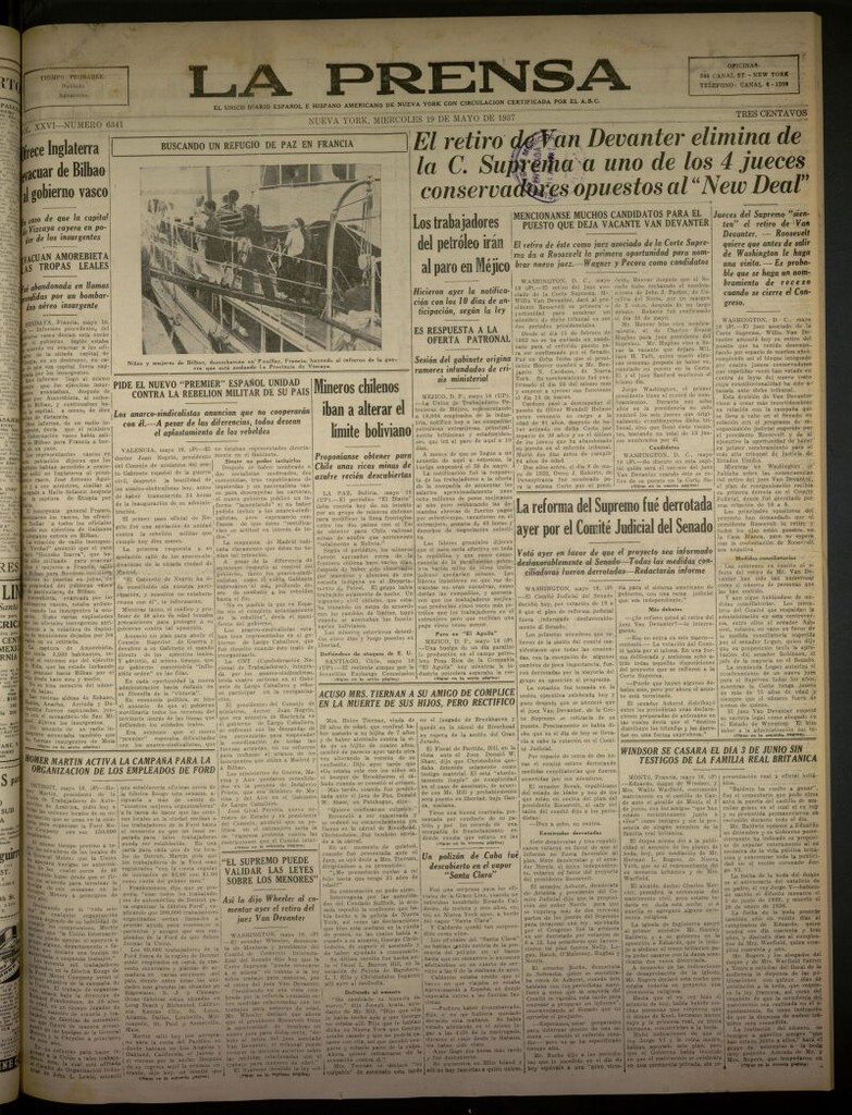 Miniatura de La Prensa: único diario español e hispano americano en Nueva York del 19 de mayo de 1937, nº 6341