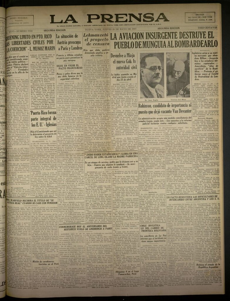 Miniatura de La Prensa: único diario español e hispano americano en Nueva York del 20 de mayo de 1937, nº 6342