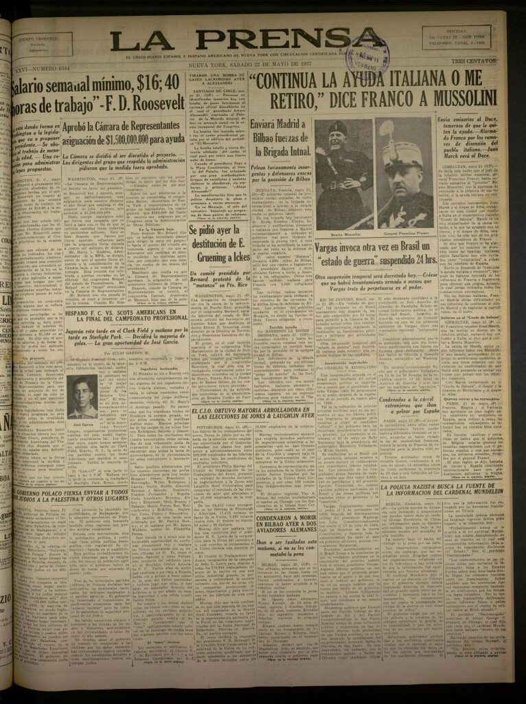 Miniatura de La Prensa: único diario español e hispano americano en Nueva York del 22 de mayo de 1937, nº 6344