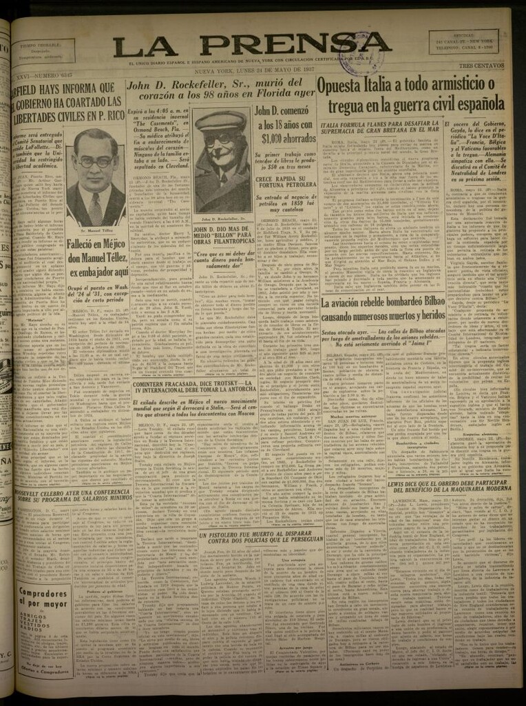 Miniatura de La Prensa: único diario español e hispano americano en Nueva York del 24 de mayo de 1937, nº 6345