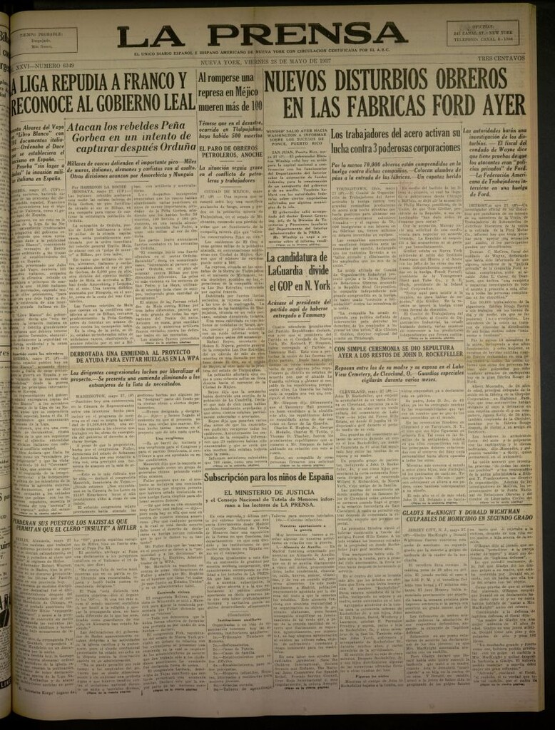 Miniatura de La Prensa: único diario español e hispano americano en Nueva York del 28 de mayo de 1937, nº 6349