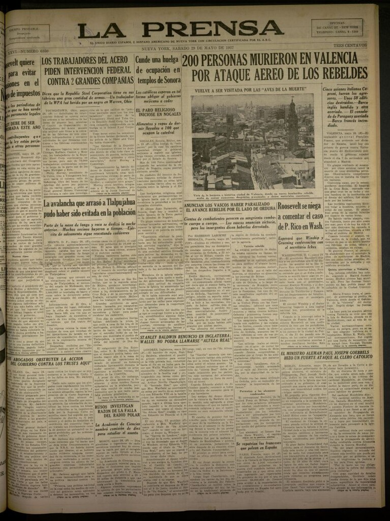 Miniatura de La Prensa: único diario español e hispano americano en Nueva York del 29 de mayo de 1937, nº 6350