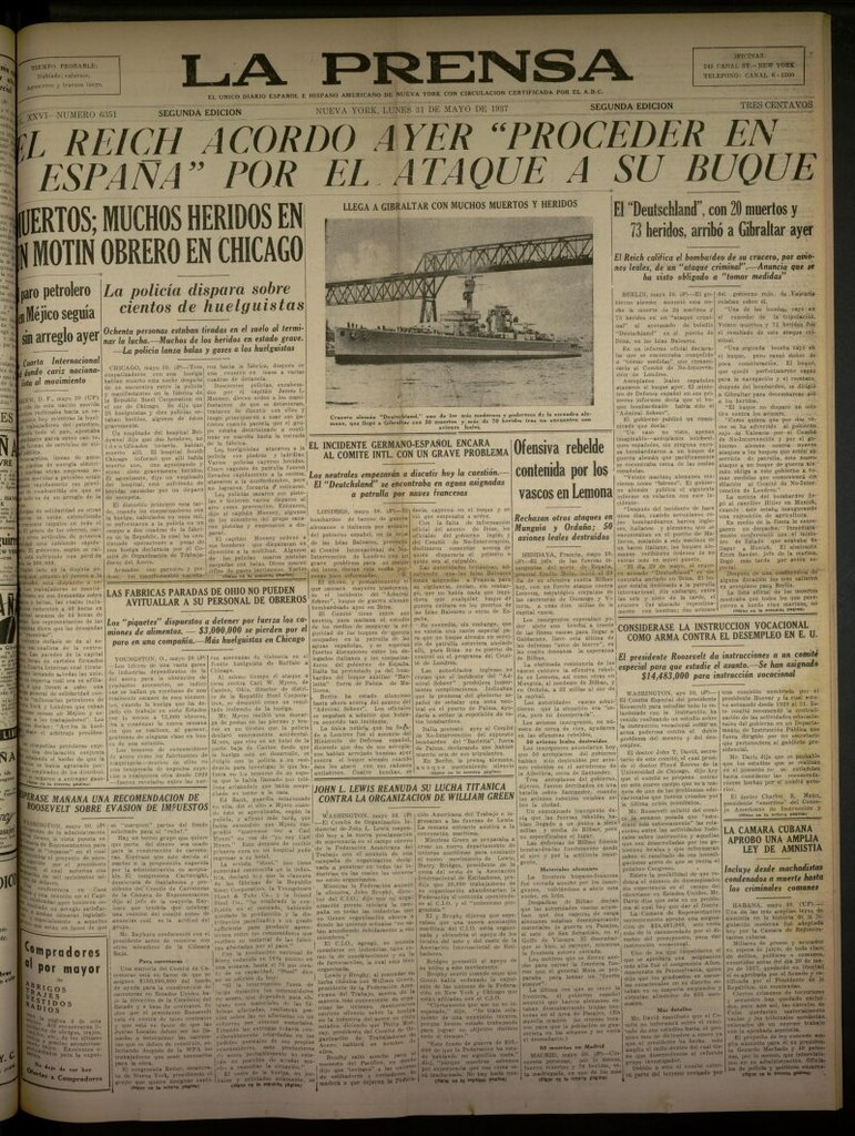 Miniatura de La Prensa: único diario español e hispano americano en Nueva York del 31 de mayo de 1937, nº 6351