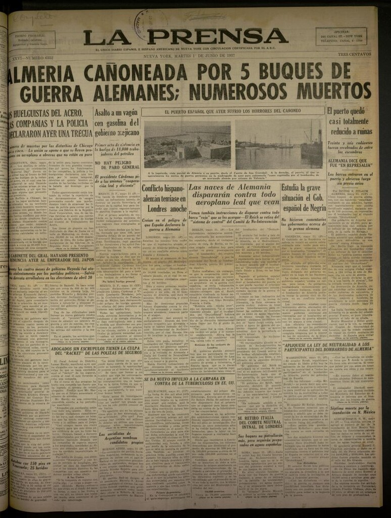Miniatura de La Prensa: único diario español e hispano americano en Nueva York del 1 de junio de 1937, nº 6352