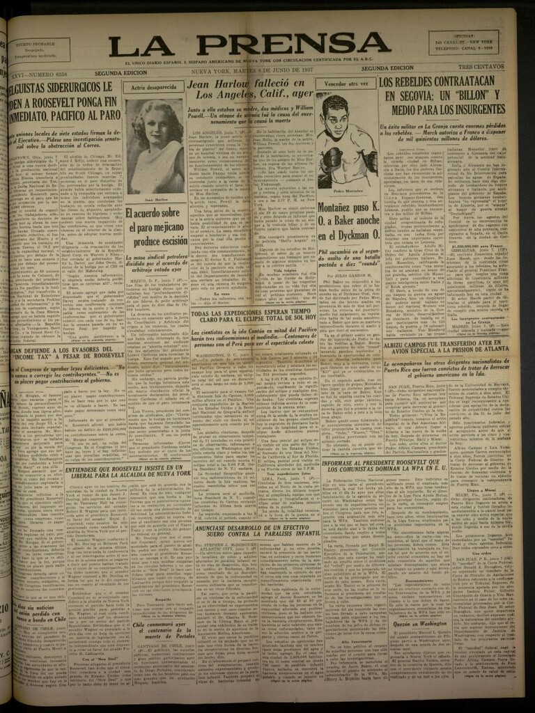 Miniatura de La Prensa: único diario español e hispano americano en Nueva York del 8 de junio de 1937, nº 6358