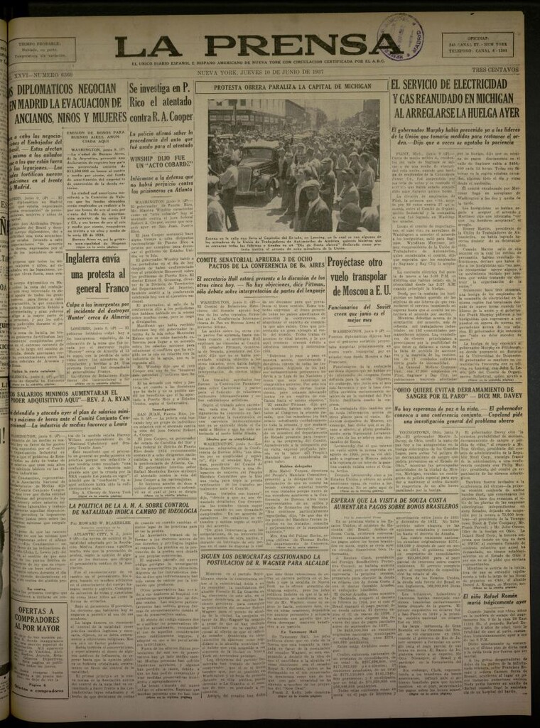 Miniatura de La Prensa: único diario español e hispano americano en Nueva York del 10 de junio de 1937, nº 6360