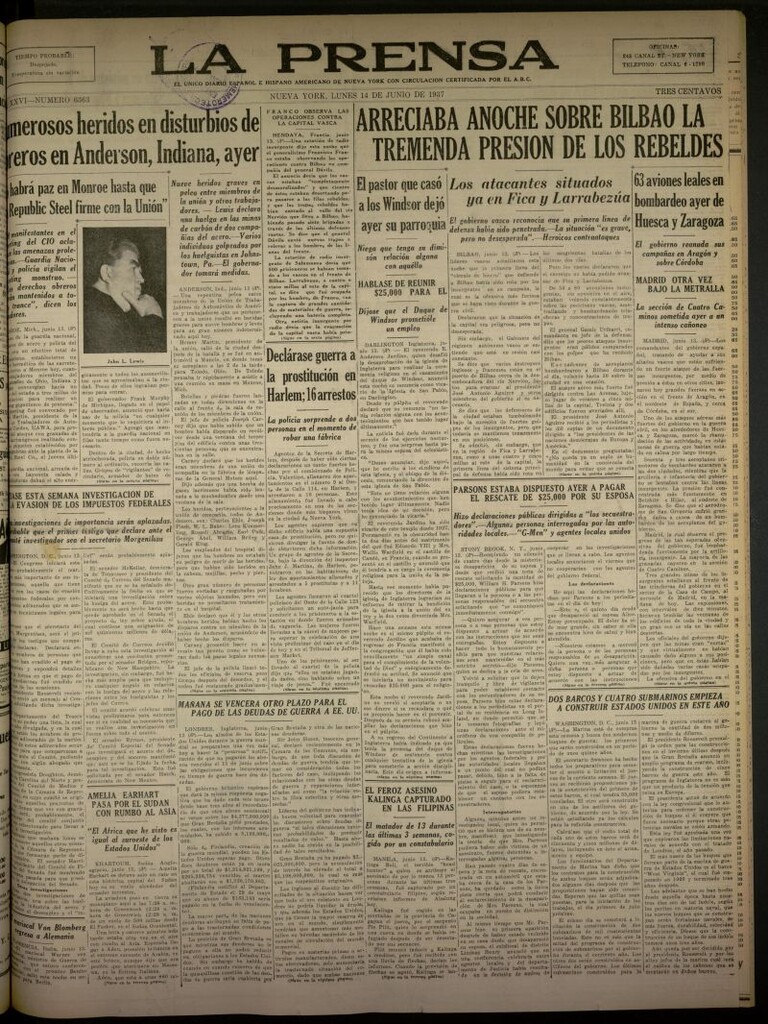 Miniatura de La Prensa: único diario español e hispano americano en Nueva York del 14 de junio de 1937, nº 6363