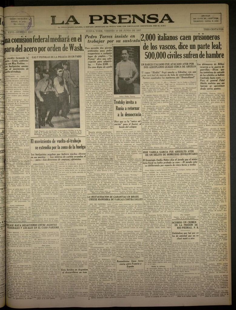 Miniatura de La Prensa: único diario español e hispano americano en Nueva York del 18 de junio de 1937, nº 6367