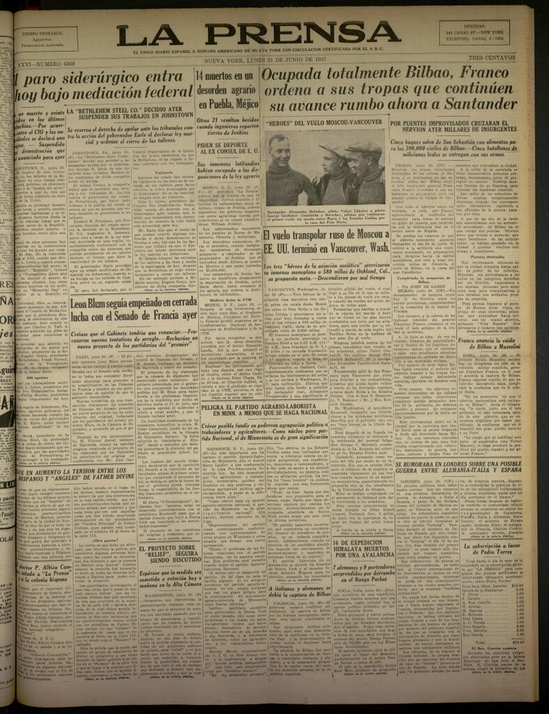 Miniatura de La Prensa: único diario español e hispano americano en Nueva York del 21 de junio de 1937, nº 6369