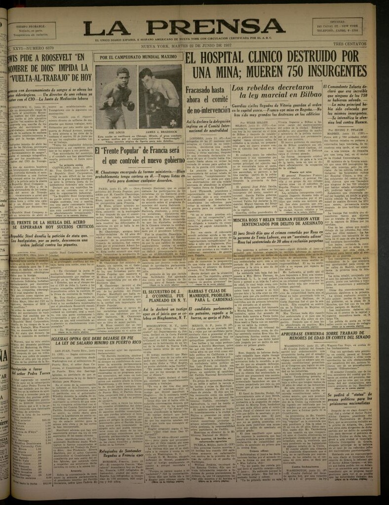 Miniatura de La Prensa: único diario español e hispano americano en Nueva York del 22 de junio de 1937, nº 6370