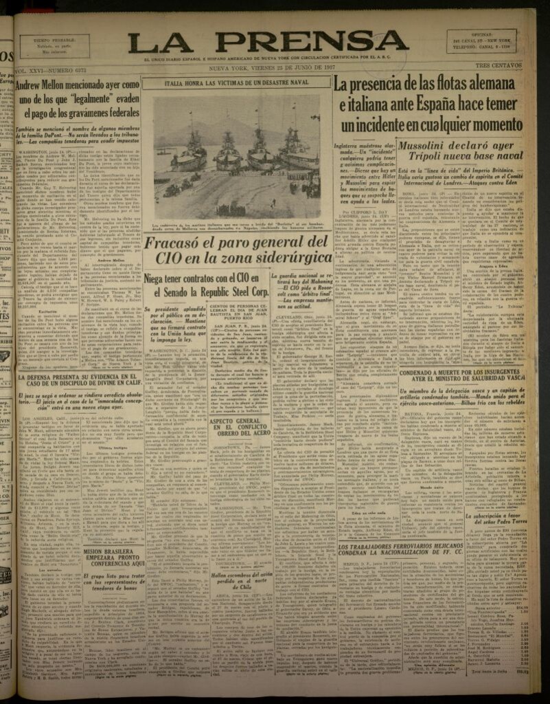 Miniatura de La Prensa: único diario español e hispano americano en Nueva York del 25 de junio de 1937, nº 6373