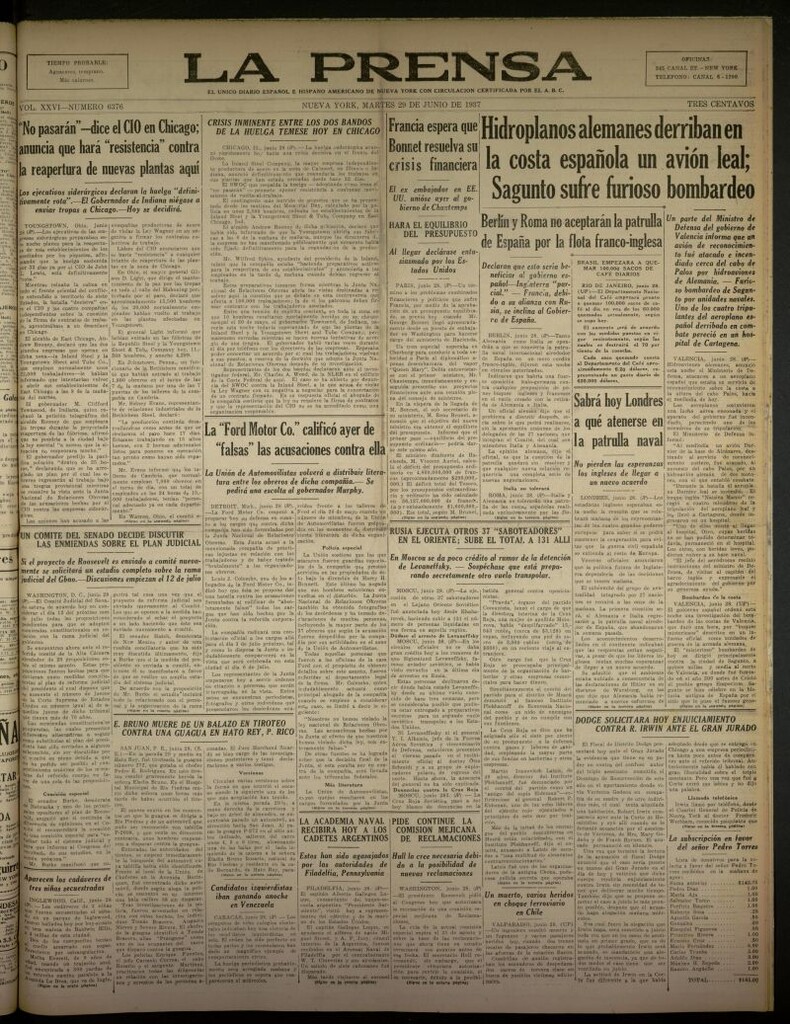 Miniatura de La Prensa: único diario español e hispano americano en Nueva York del 29 de junio de 1937, nº 6376