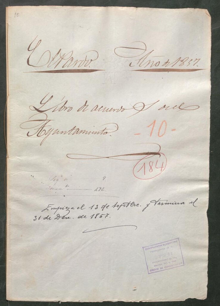 Miniatura de Actas y acuerdos del ayuntamiento de El Pardo de 1857. Libro 184.