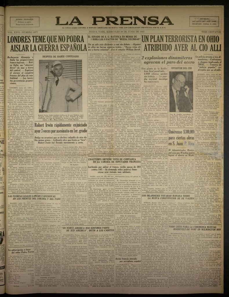 Miniatura de La Prensa: único diario español e hispano americano en Nueva York del 30 de junio de 1937,nº 6377