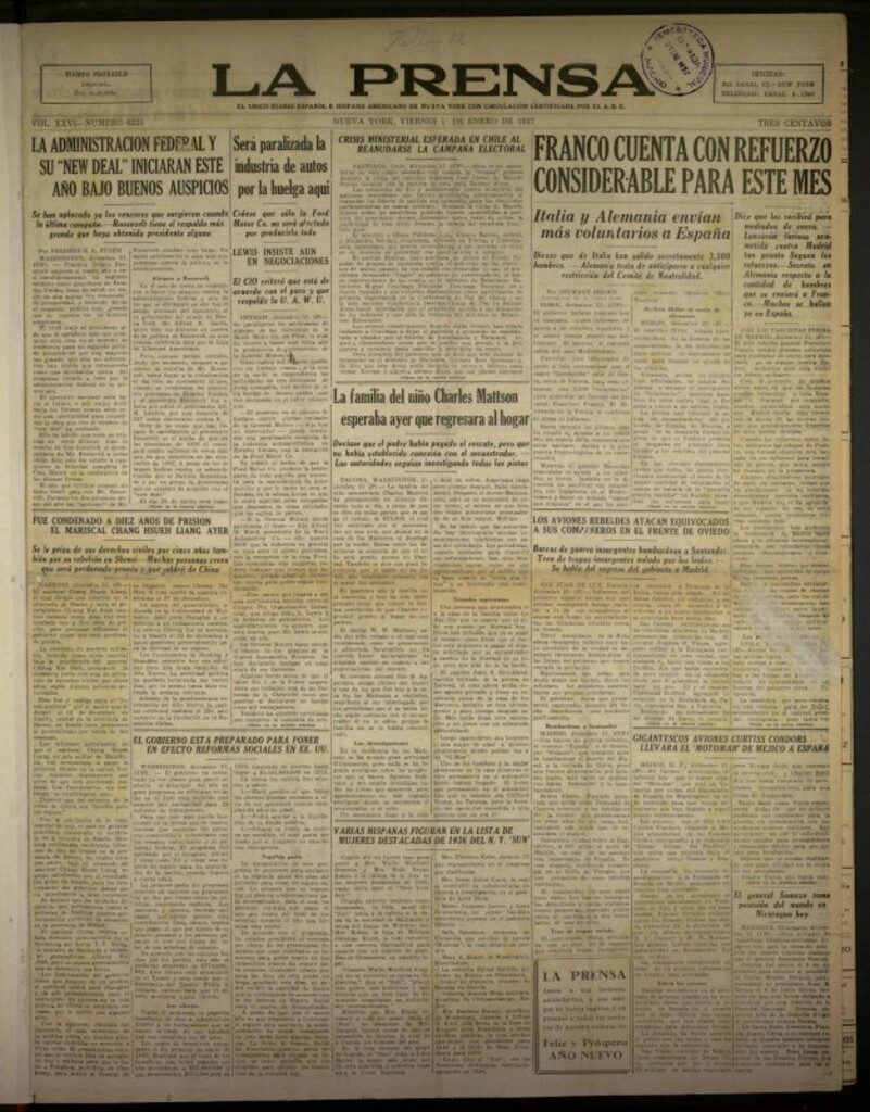 Miniatura de La Prensa: único diario español e hispano americano en Nueva York del 1 de enero de 1937, nº 6223