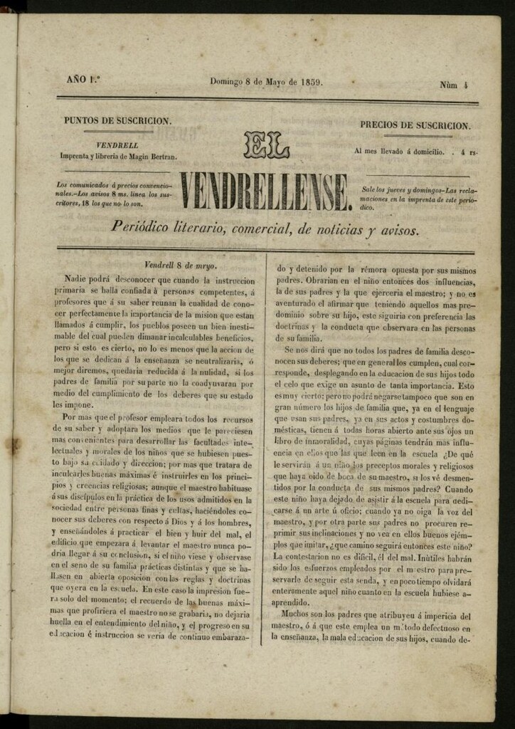 Miniatura de El Vendrellense: periódico literario, comercial, de noticias y avisos del 8 de mayo de 1859, nº 4