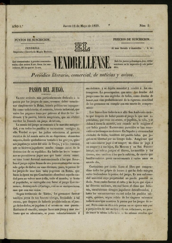 Miniatura de El Vendrellense: periódico literario, comercial, de noticias y avisos del 12 de mayo de 1859, nº 5