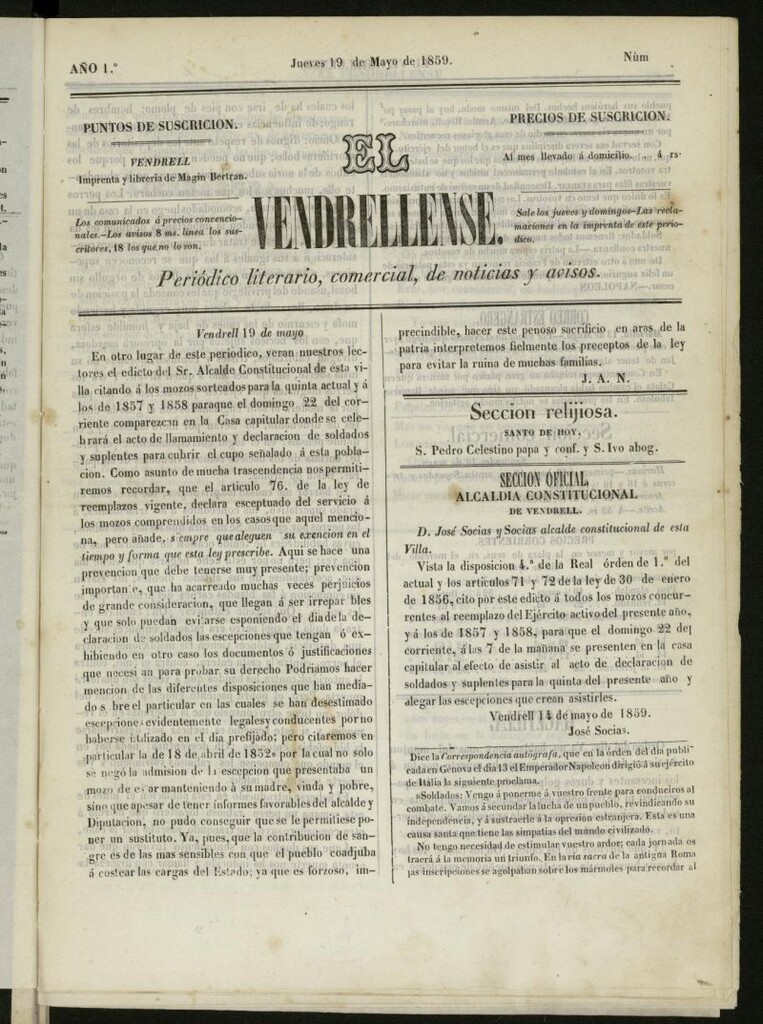 Miniatura de El Vendrellense: periódico literario, comercial, de noticias y avisos del 19 de mayo de 1859 , nº [sic]