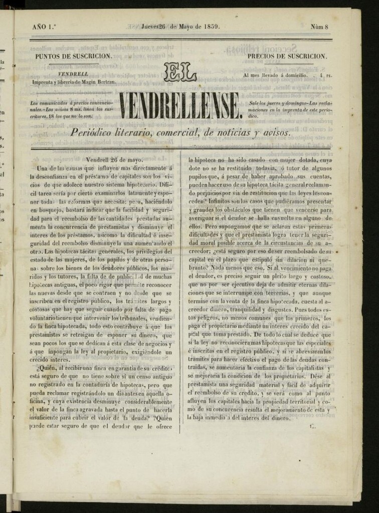 Miniatura de El Vendrellense: periódico literario, comercial, de noticias y avisos del 26 de mayo de 1859, nº 8 [sic]