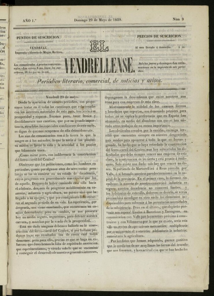 Miniatura de El Vendrellense: periódico literario, comercial, de noticias y avisos del 29 de mayo de 1859, nº 9
