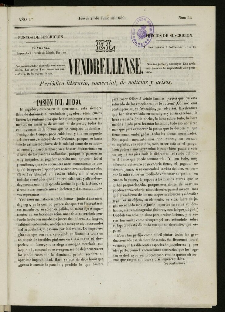 Miniatura de El Vendrellense: periódico literario, comercial, de noticias y avisos del 2 de junio de 1859, nº 11