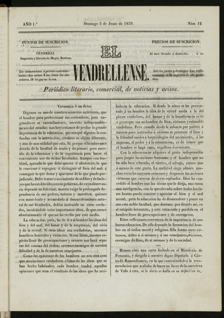 Miniatura de El Vendrellense: periódico literario, comercial, de noticias y avisos del 5 de junio de 1859, nº 12