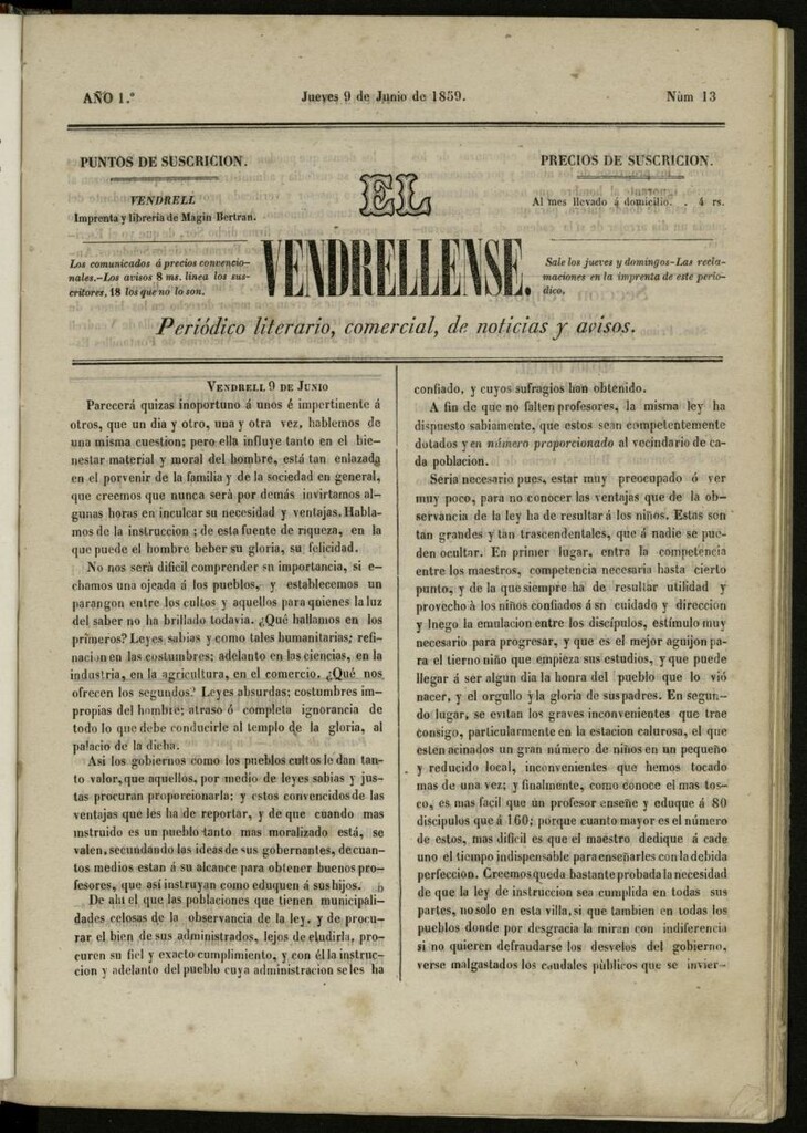 Miniatura de El Vendrellense: periódico literario, comercial, de noticias y avisos del 9 de junio de 1859, nº 13