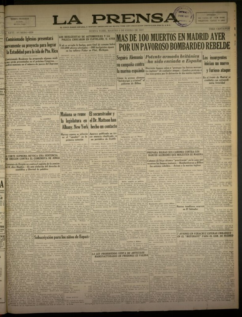 Miniatura de La Prensa: único diario español e hispano americano en Nueva York del 5 de enero de 1937, nº 6226