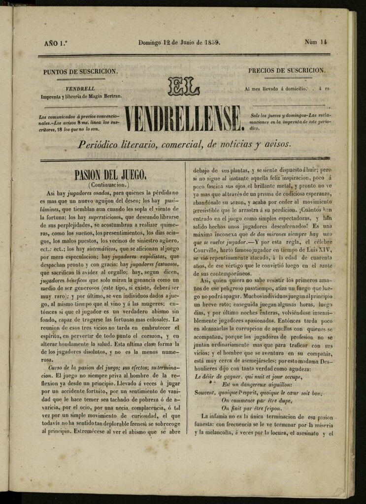 Miniatura de El Vendrellense: periódico literario, comercial, de noticias y avisos del 12 de junio de 1859, nº 14