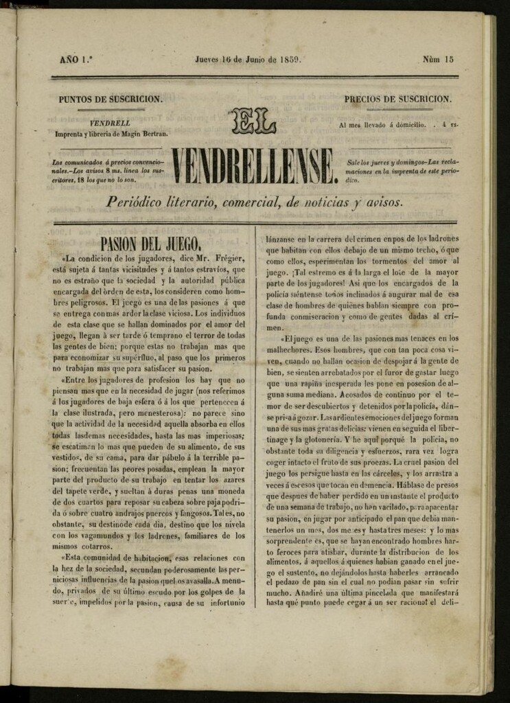 Miniatura de El Vendrellense: periódico literario, comercial, de noticias y avisos del 16 de junio de 1859, nº 15