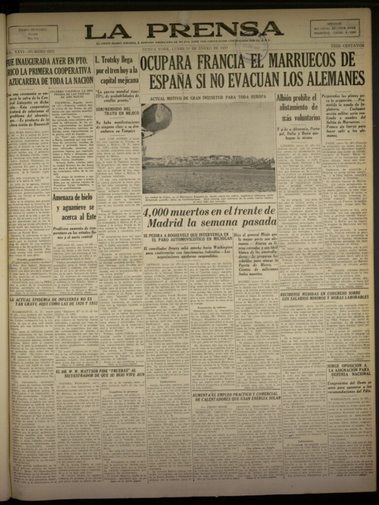 Miniatura de La Prensa: único diario español e hispano americano en Nueva York del 11 de enero de 1937, nº 6231