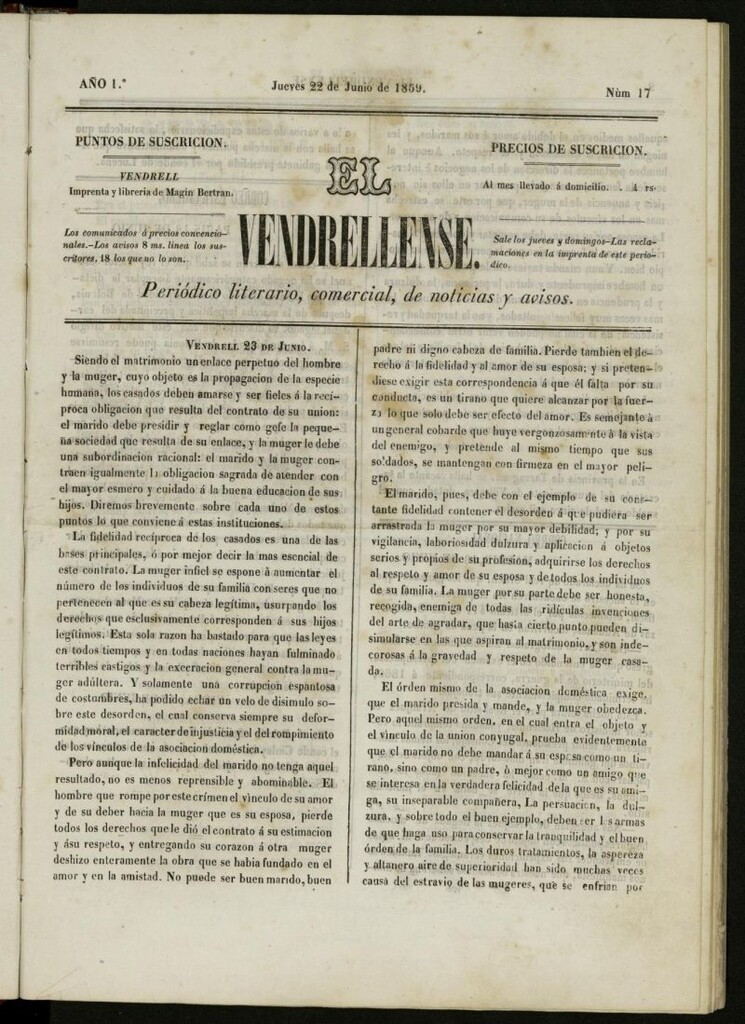 Miniatura de El Vendrellense: periódico literario, comercial, de noticias y avisos del 22 de junio de 1859, nº 17