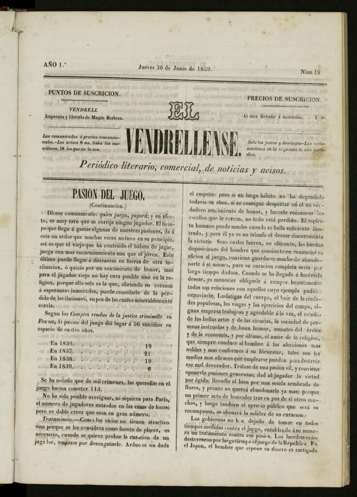 Miniatura de El Vendrellense: periódico literario, comercial, de noticias y avisos del 30 de junio de 1859, nº 19