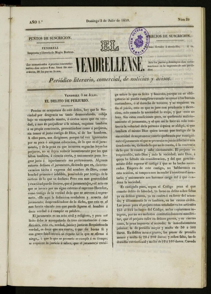 Miniatura de El Vendrellense: periódico literario, comercial, de noticias y avisos del 3 de julio de 1859, nº 20