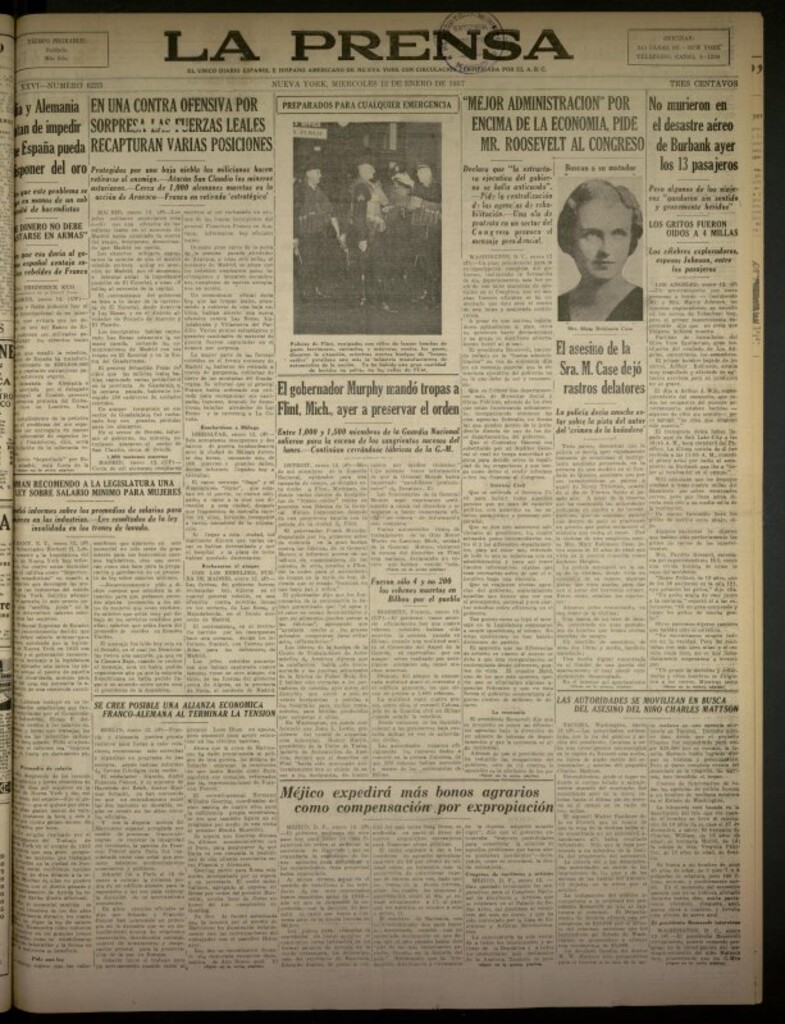 Miniatura de La Prensa: único diario español e hispano americano en Nueva York del 13 de enero de 1937, nº 6233