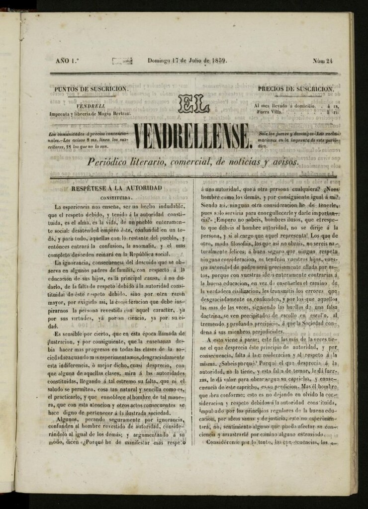 Miniatura de El Vendrellense: periódico literario, comercial, de noticias y avisos del 17 de julio de 1859, nº 24