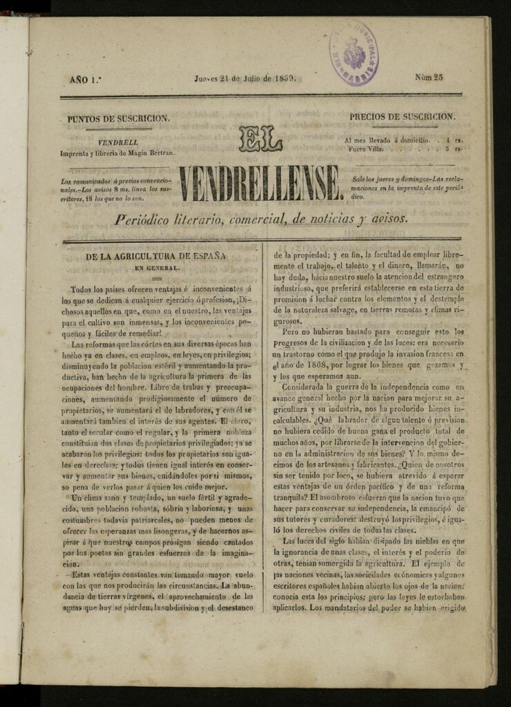 Miniatura de El Vendrellense: periódico literario, comercial, de noticias y avisos del 21 de julio de 1859, nº 25