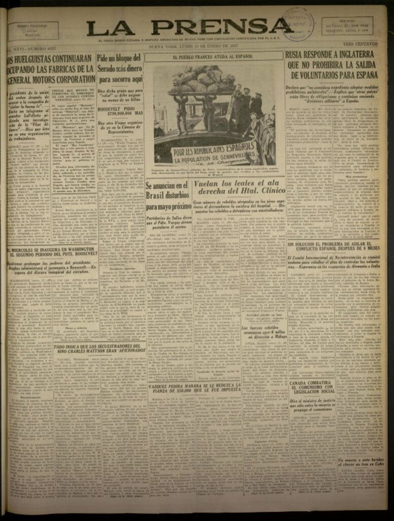 Miniatura de La Prensa: único diario español e hispano americano en Nueva York del 18 de enero de 1937, nº 6237