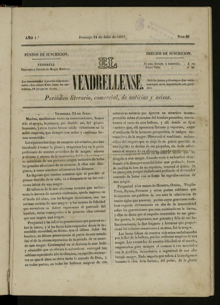 Miniatura de El Vendrellense: periódico literario, comercial, de noticias y avisos del 24 de julio de 1859, nº 26