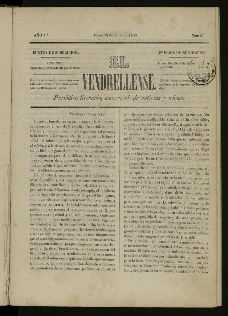 Miniatura de El Vendrellense: periódico literario, comercial, de noticias y avisos del 28 de julio de 1859, nº 27